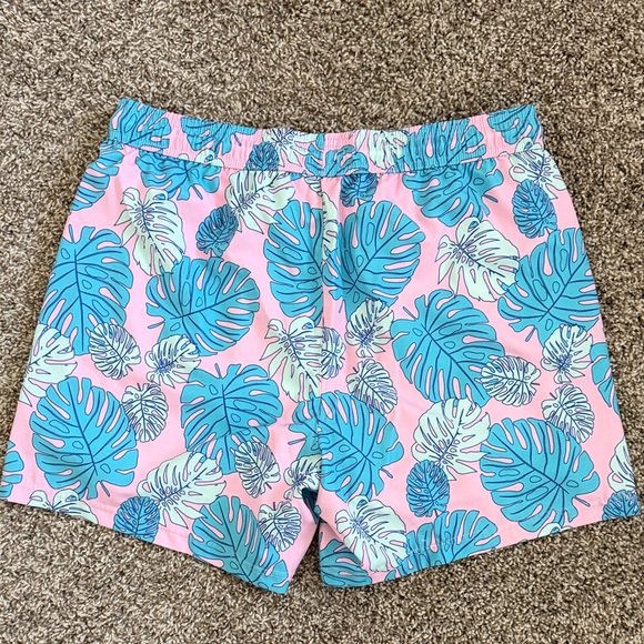 Tropical Leaf Print Swim Trunks/Shorts Pink/Blue Lined 5” Inseam Zipper Pockets - Picture 3 of 6